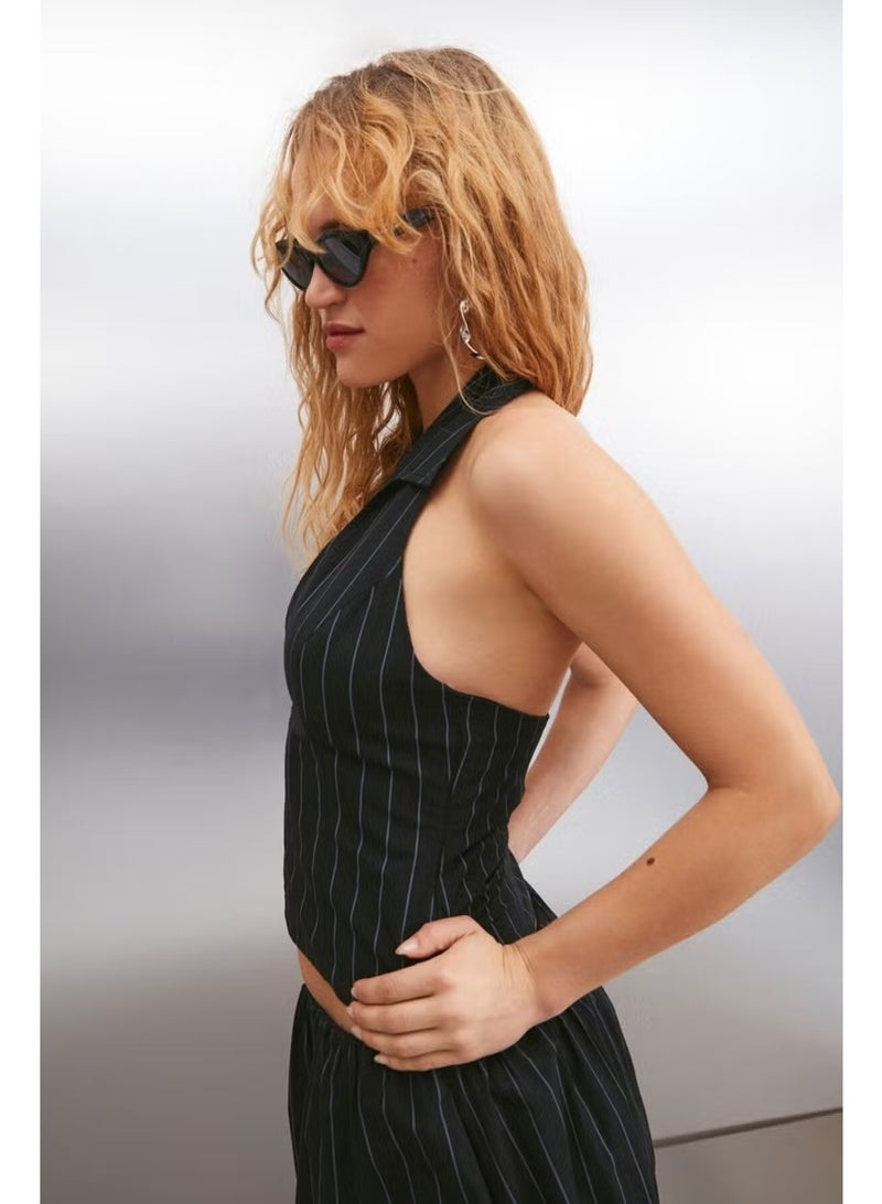 GRIMELANGE Karina Women Sleeveless Jacket Collar Front Zippered Back Open Black - Gray Blouse - Image 4